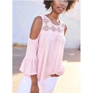 Time and Tru Cold Shoulder Top Lace Crochet 3/4 Sleeve Sz L 12-14 Pink Peasant